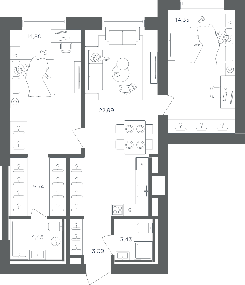 3 ккв (Евро) 68,9 м²