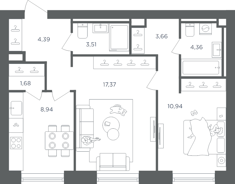 2 ккв 54,9 м²