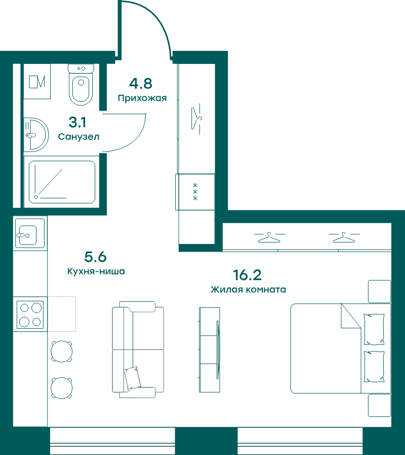 Студия 29,7 м²