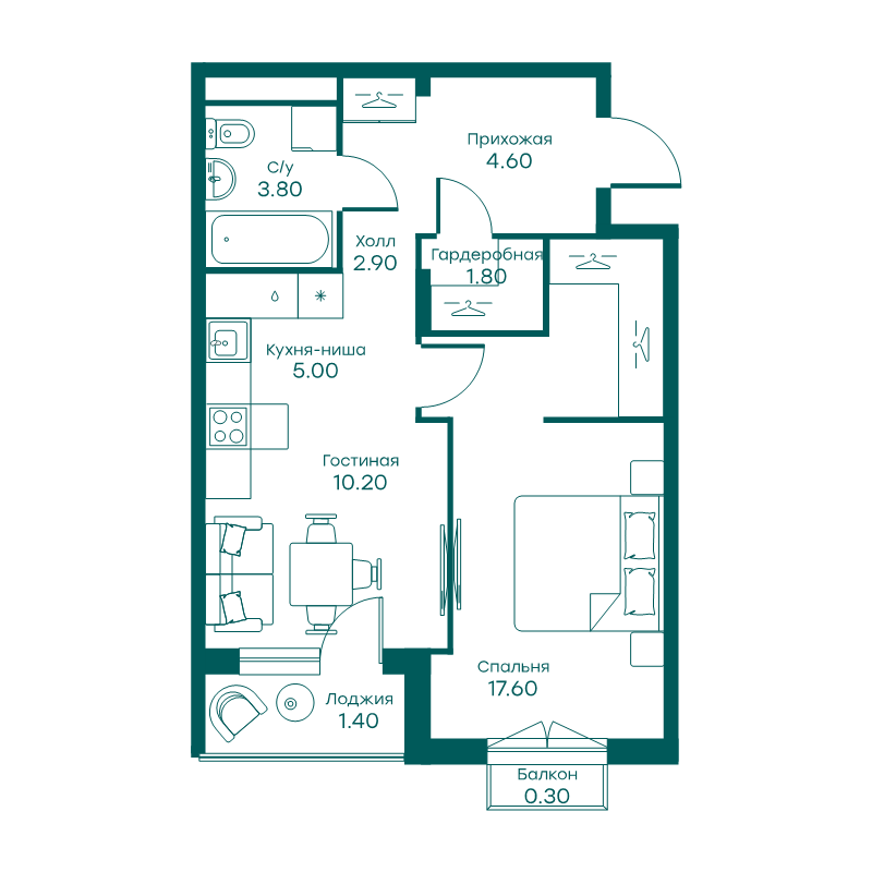 2 ккв (Евро) 45,9 м²