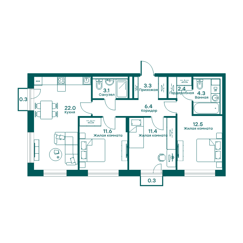4 ккв (Евро) 77,6 м²