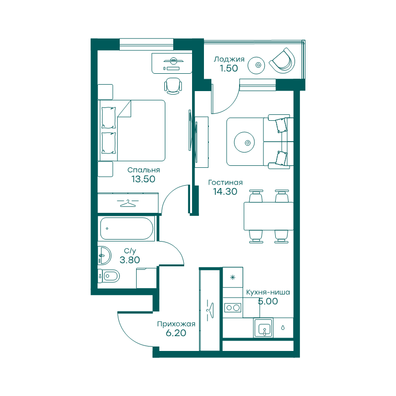 2 ккв (Евро) 42,9 м²