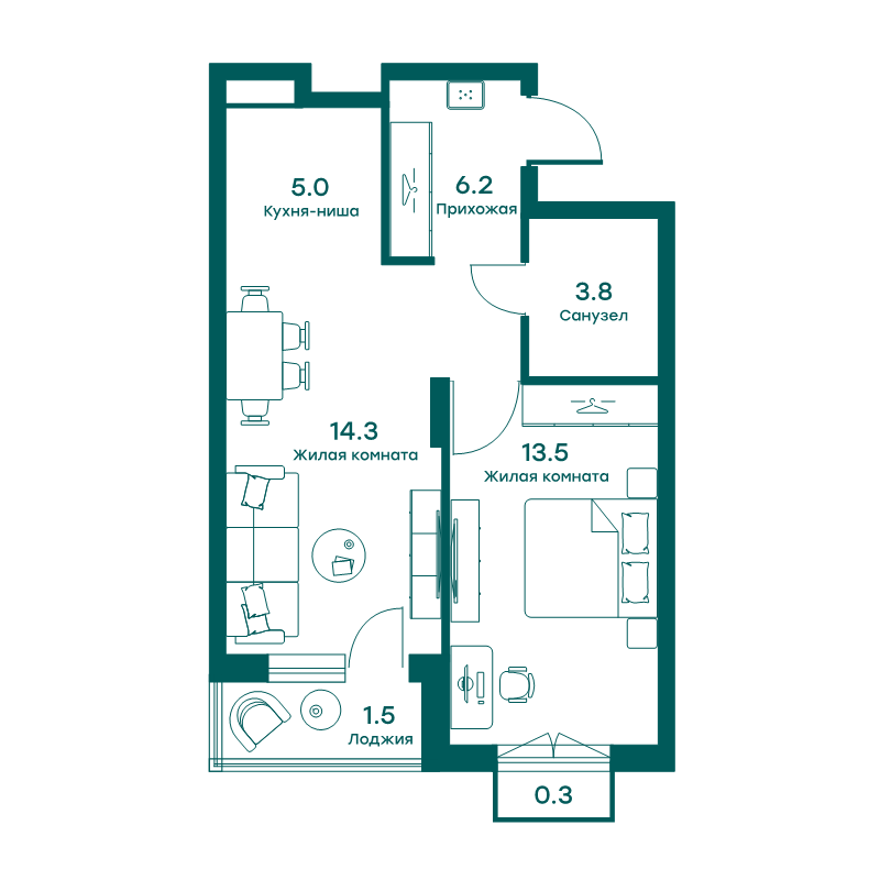 2 ккв (Евро) 42,9 м²