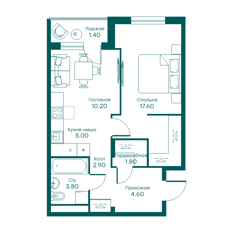 2 ккв (Евро) 45,4 м²