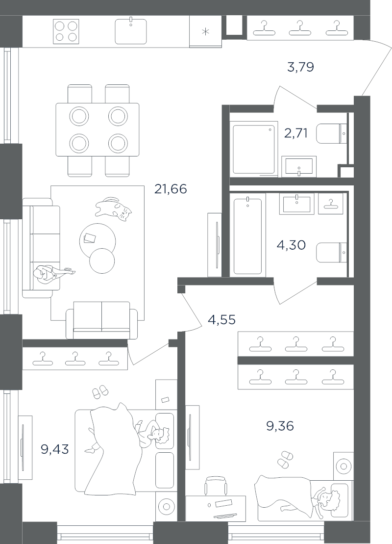 3 ккв (Евро) 55,8 м²