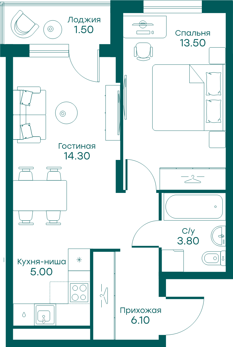 2 ккв (Евро) 44 м²