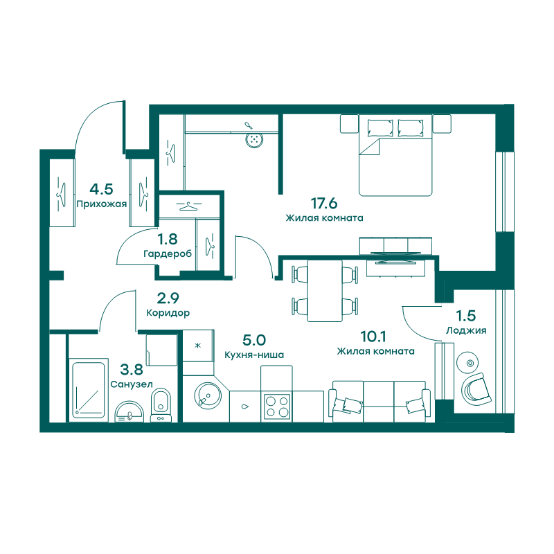 2 ккв (Евро) 45,9 м²