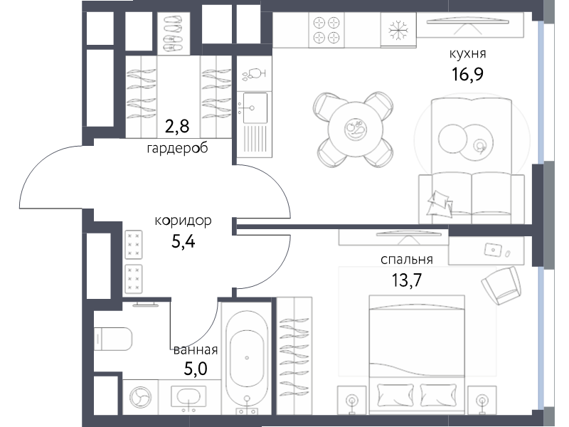 2 ккв (Евро) 43,3 м²