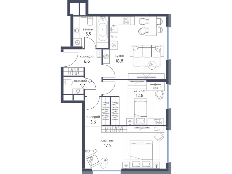 3 ккв (Евро) 66 м²