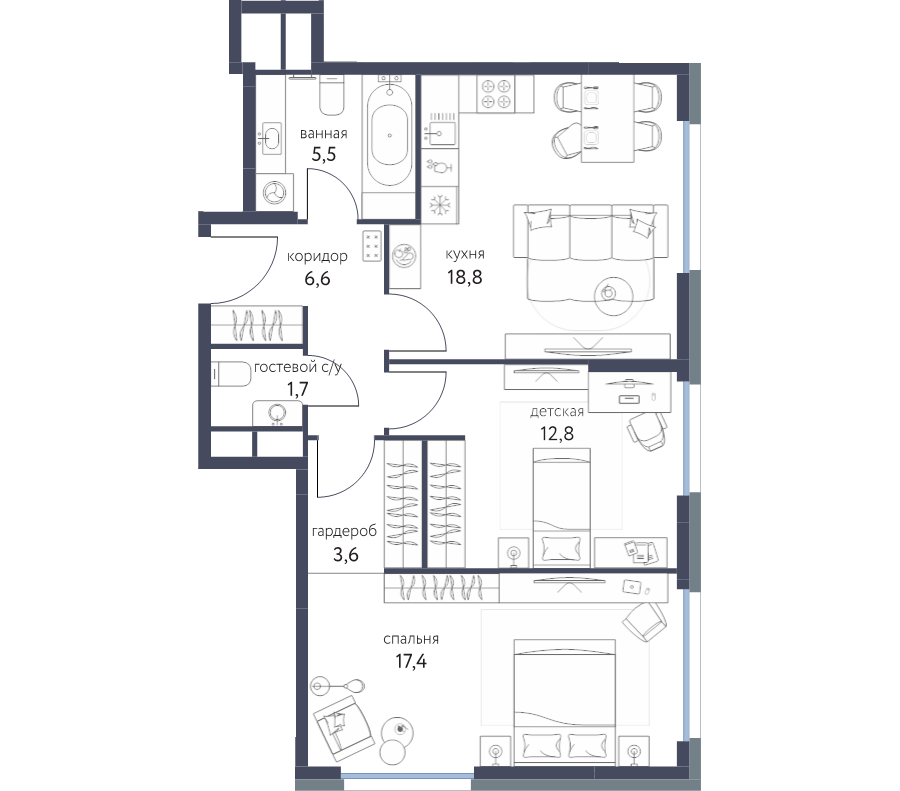3 ккв (Евро) 66 м²