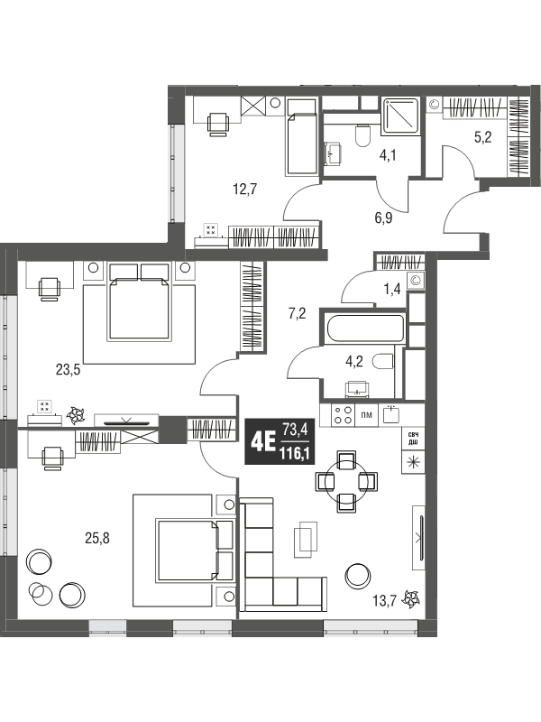 4 ккв (Евро) 115,7 м²