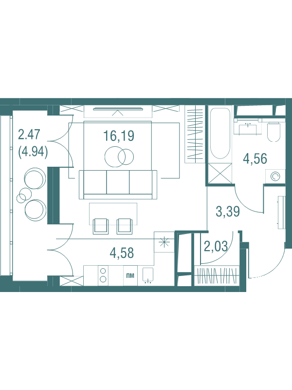Студия 33,3 м²