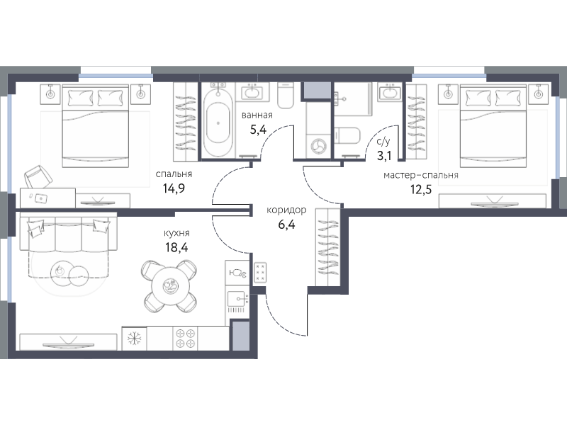 3 ккв (Евро) 60,7 м²