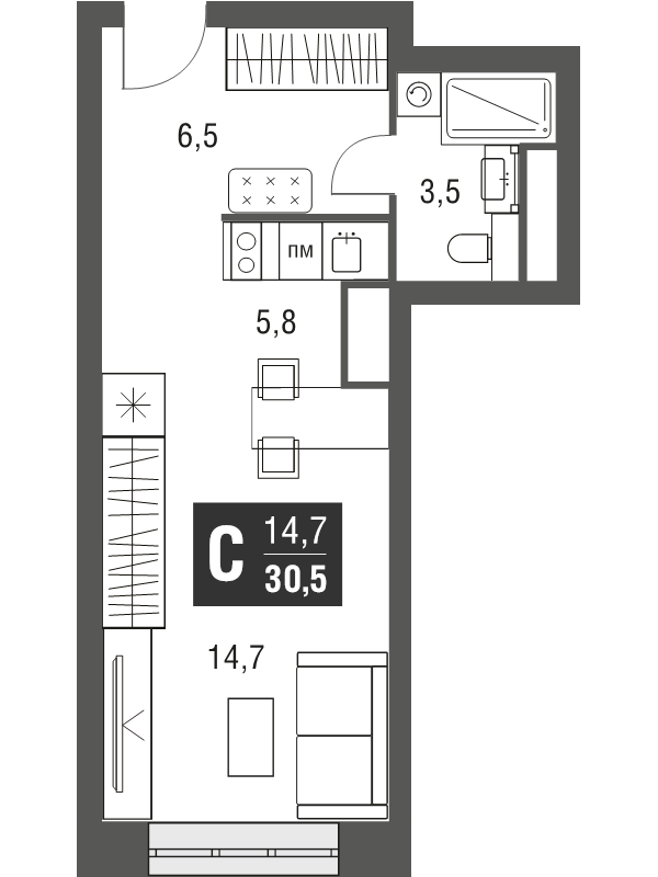 Студия 30,1 м²