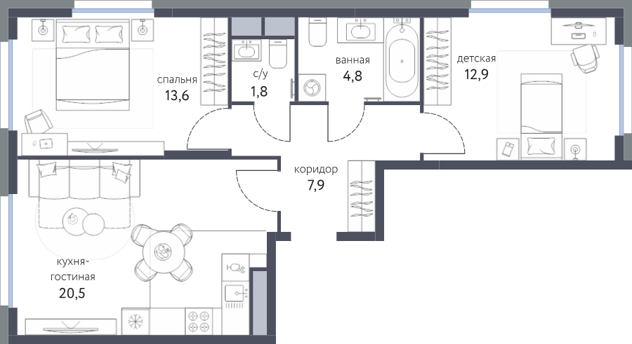 3 ккв (Евро) 61,5 м²