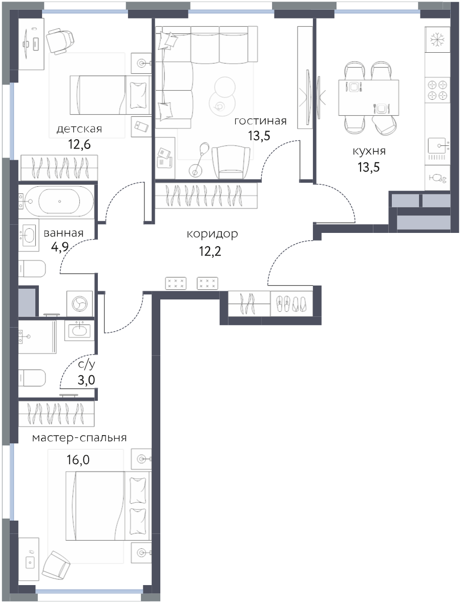 3 ккв 74,9 м²