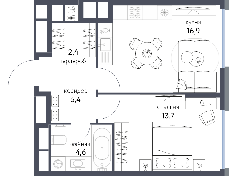 2 ккв (Евро) 42,7 м²