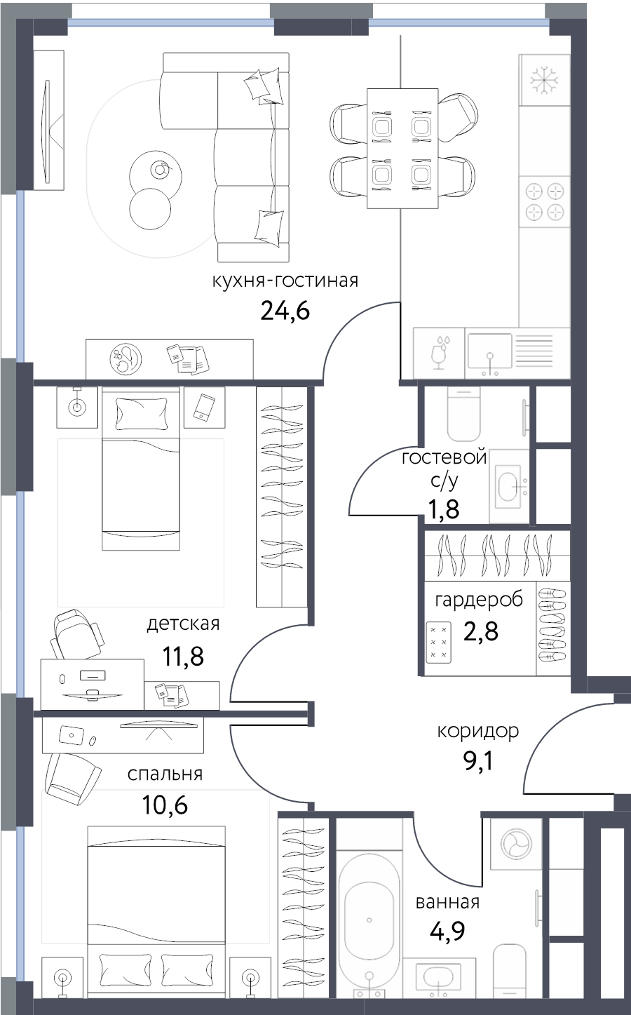 3 ккв (Евро) 65,4 м²