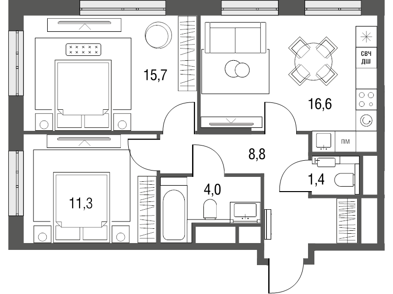 3 ккв (Евро) 59,3 м²