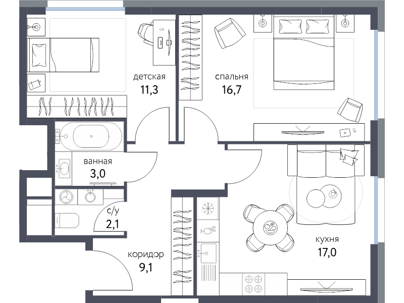 3 ккв (Евро) 59,2 м²