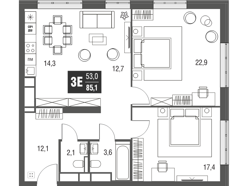 3 ккв (Евро) 85,1 м²