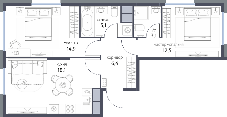 3 ккв (Евро) 60,1 м²