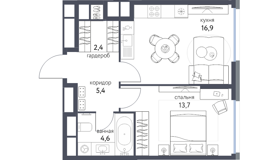 2 ккв (Евро) 42,7 м²