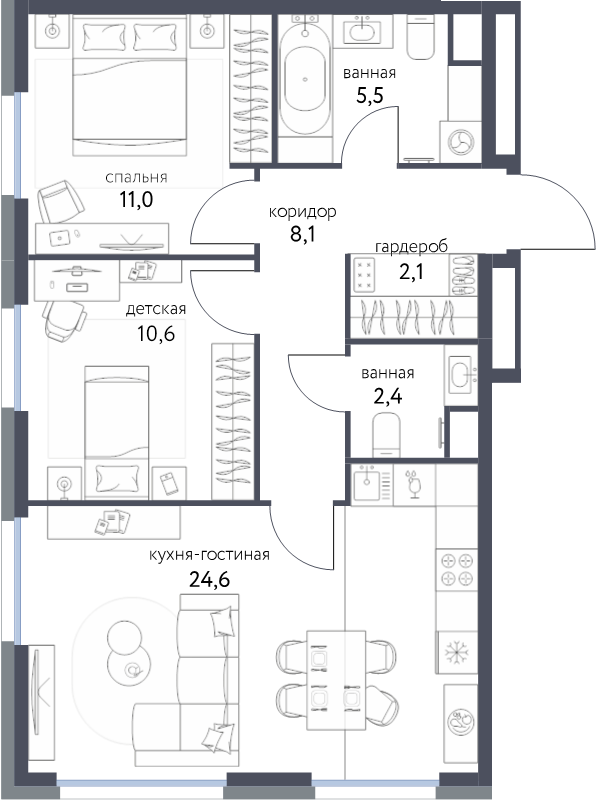 3 ккв (Евро) 64,2 м²