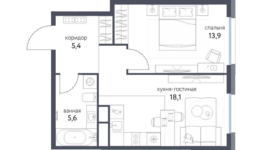 2 ккв (Евро) 42,7 м²