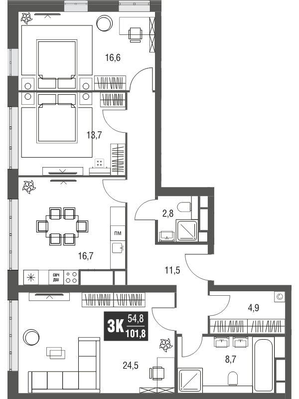 4 ккв (Евро) 101,8 м²