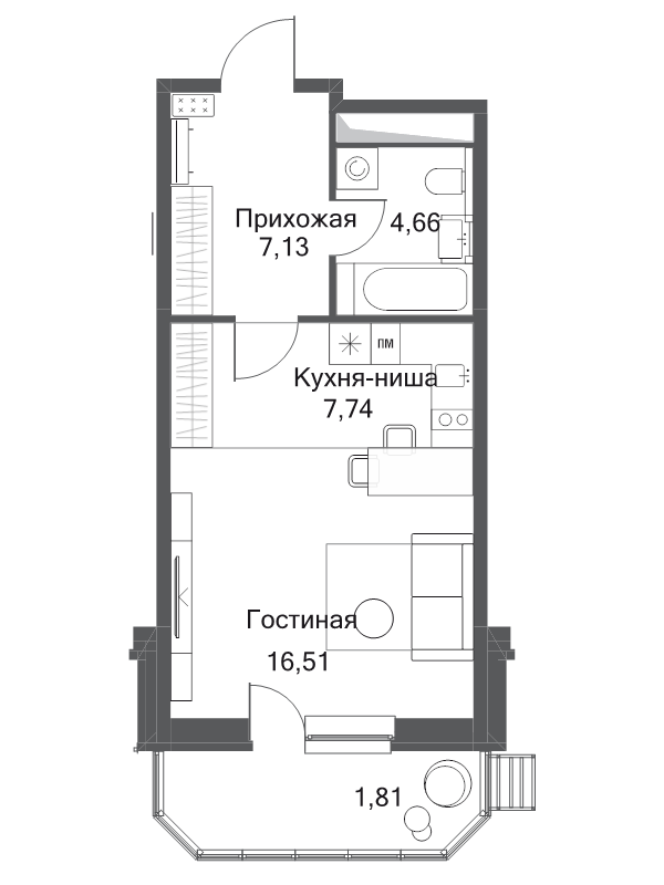 Студия 37,8 м²