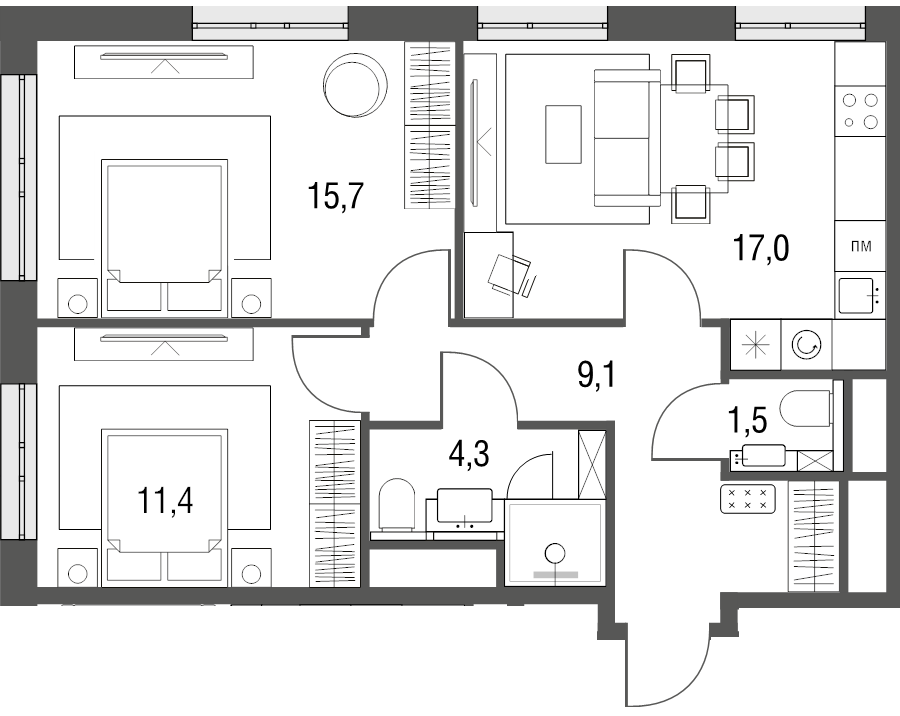 3 ккв (Евро) 58,9 м²