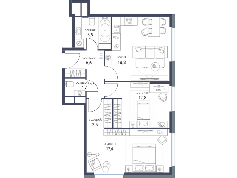 3 ккв (Евро) 66 м²