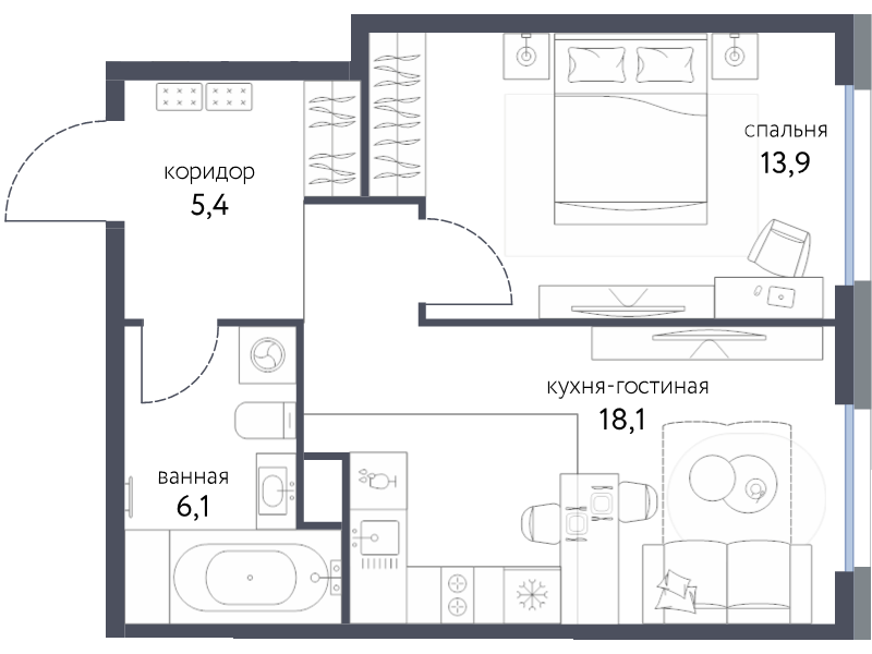 2 ккв (Евро) 43,4 м²