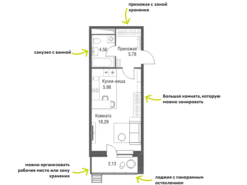 Студия 36,4 м²