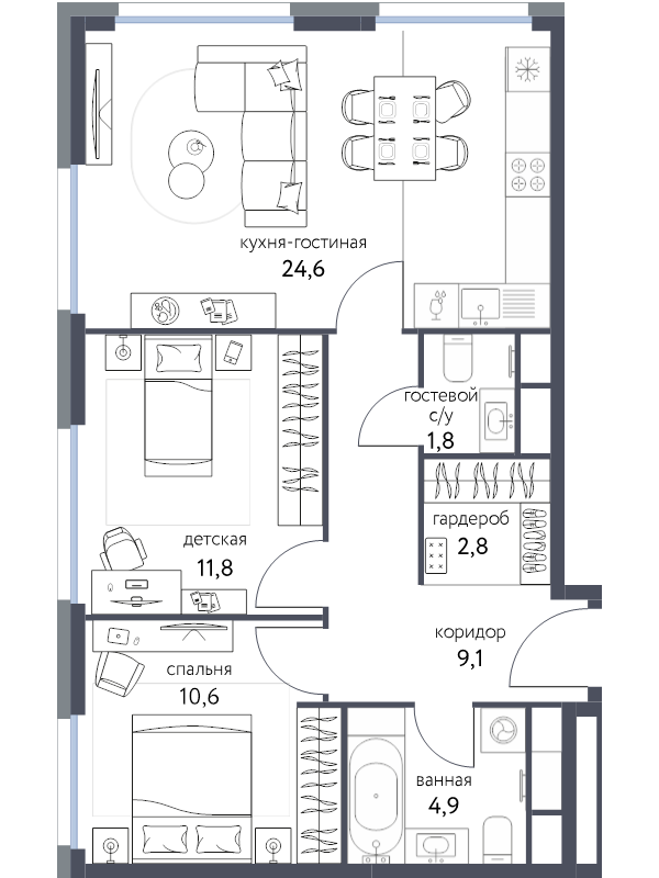 3 ккв (Евро) 65,4 м²