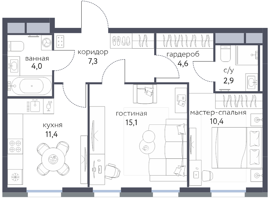 2 ккв 55,7 м²