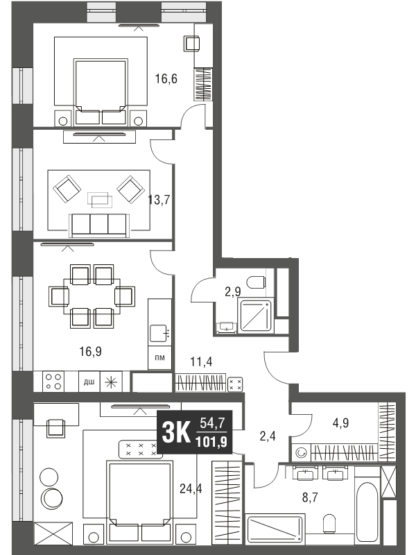 4 ккв (Евро) 101,9 м²