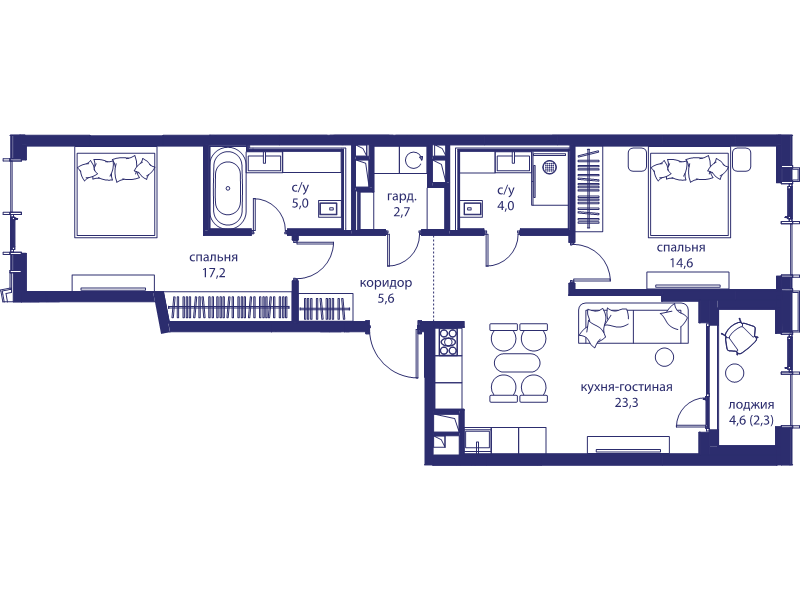 3 ккв (Евро) 74,7 м²