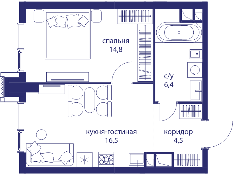 2 ккв (Евро) 42,2 м²