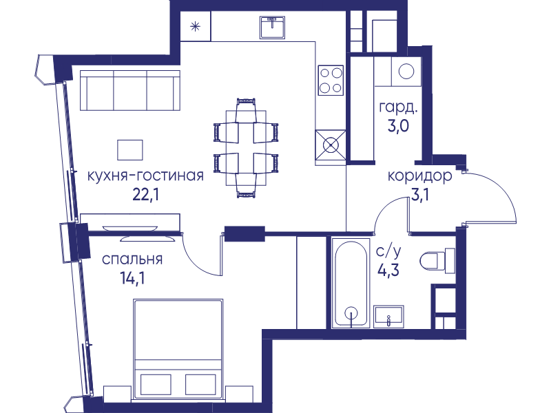 2 ккв (Евро) 46,6 м²