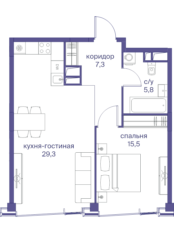 2 ккв (Евро) 57,9 м²