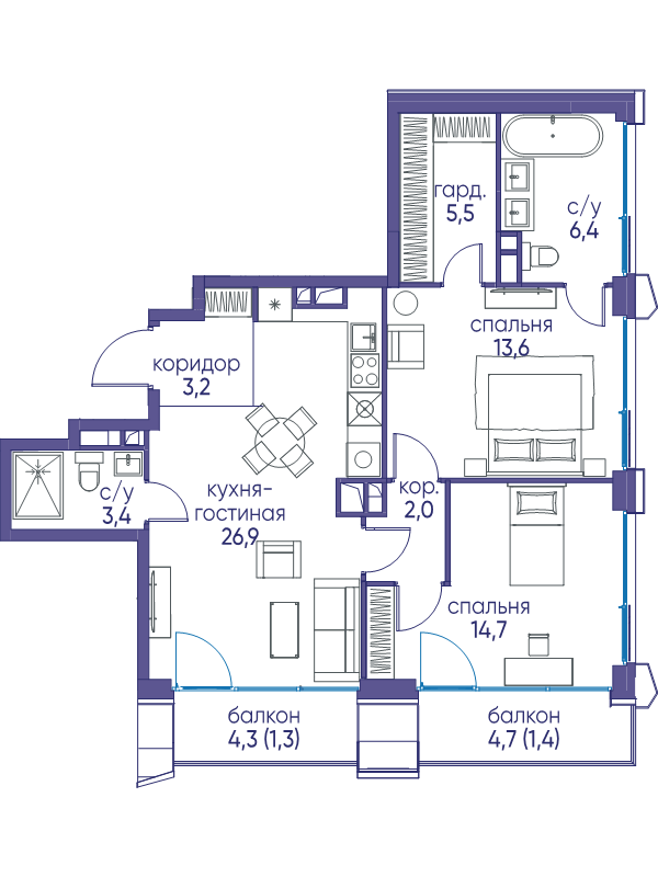 3 ккв (Евро) 76,4 м²