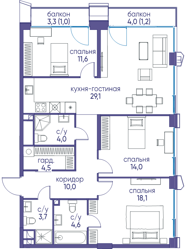 4 ккв (Евро) 101,8 м²