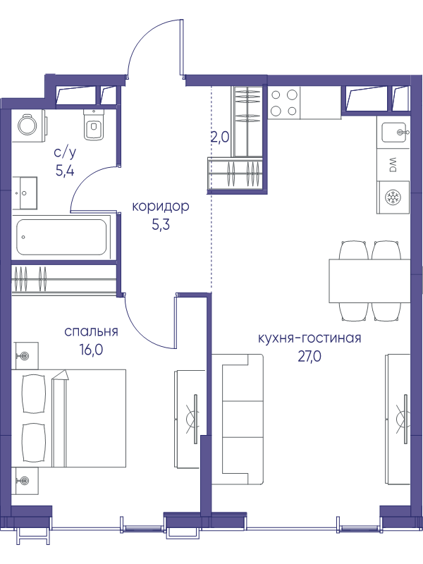 2 ккв (Евро) 55,7 м²