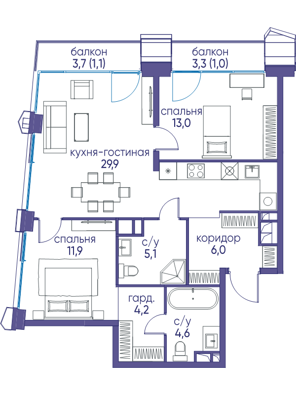 3 ккв (Евро) 76,8 м²