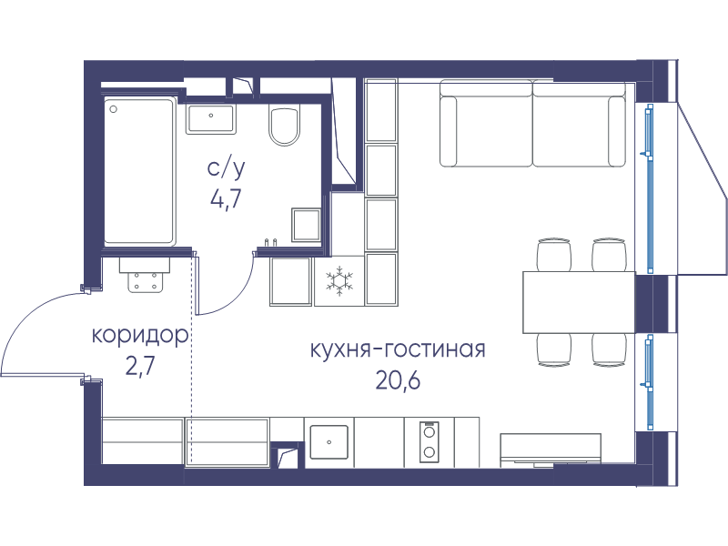 Студия 28 м²