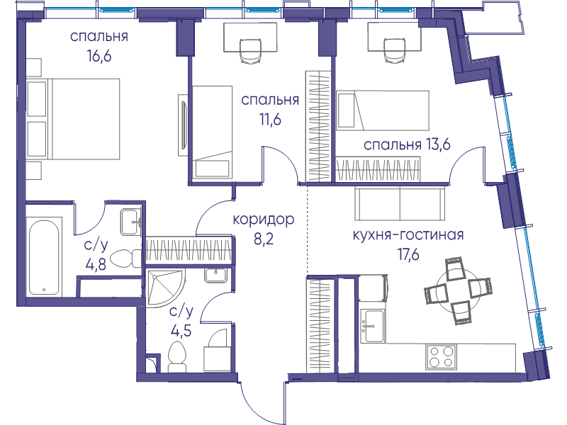 4 ккв (Евро) 76,9 м²
