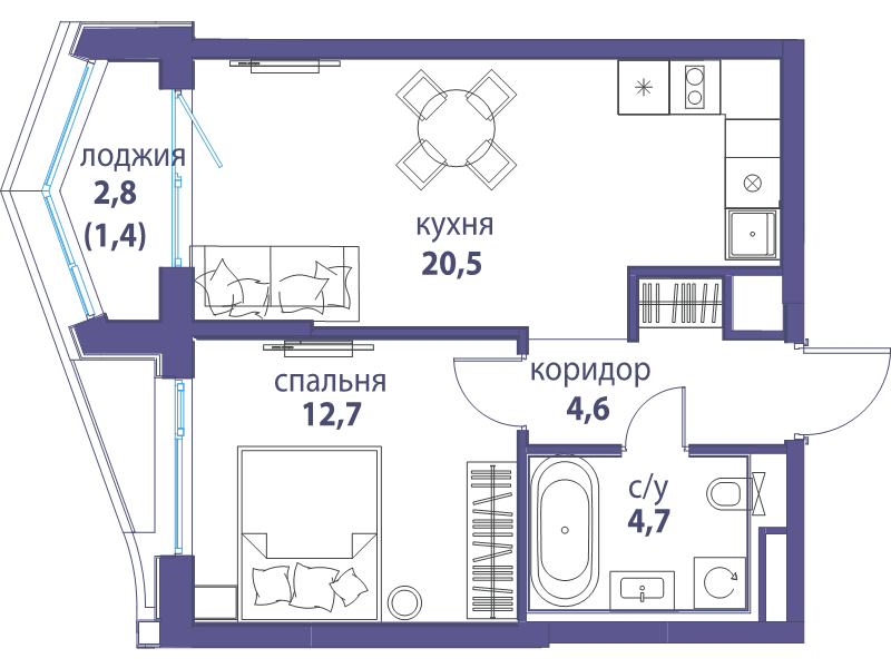 2 ккв (Евро) 43,9 м²