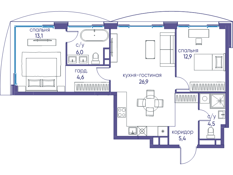 3 ккв (Евро) 73,4 м²